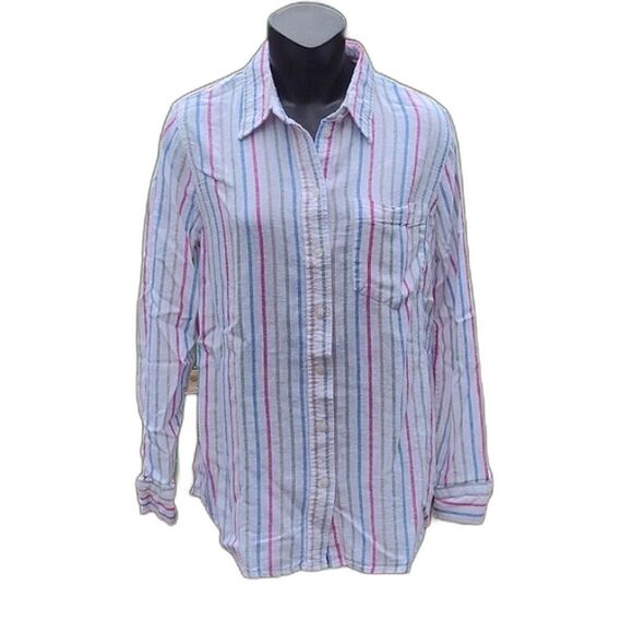 GAP Long Sleeve Striped White Linen Rayon Blend Button Down Shirt Size XS - Picture 1 of 8